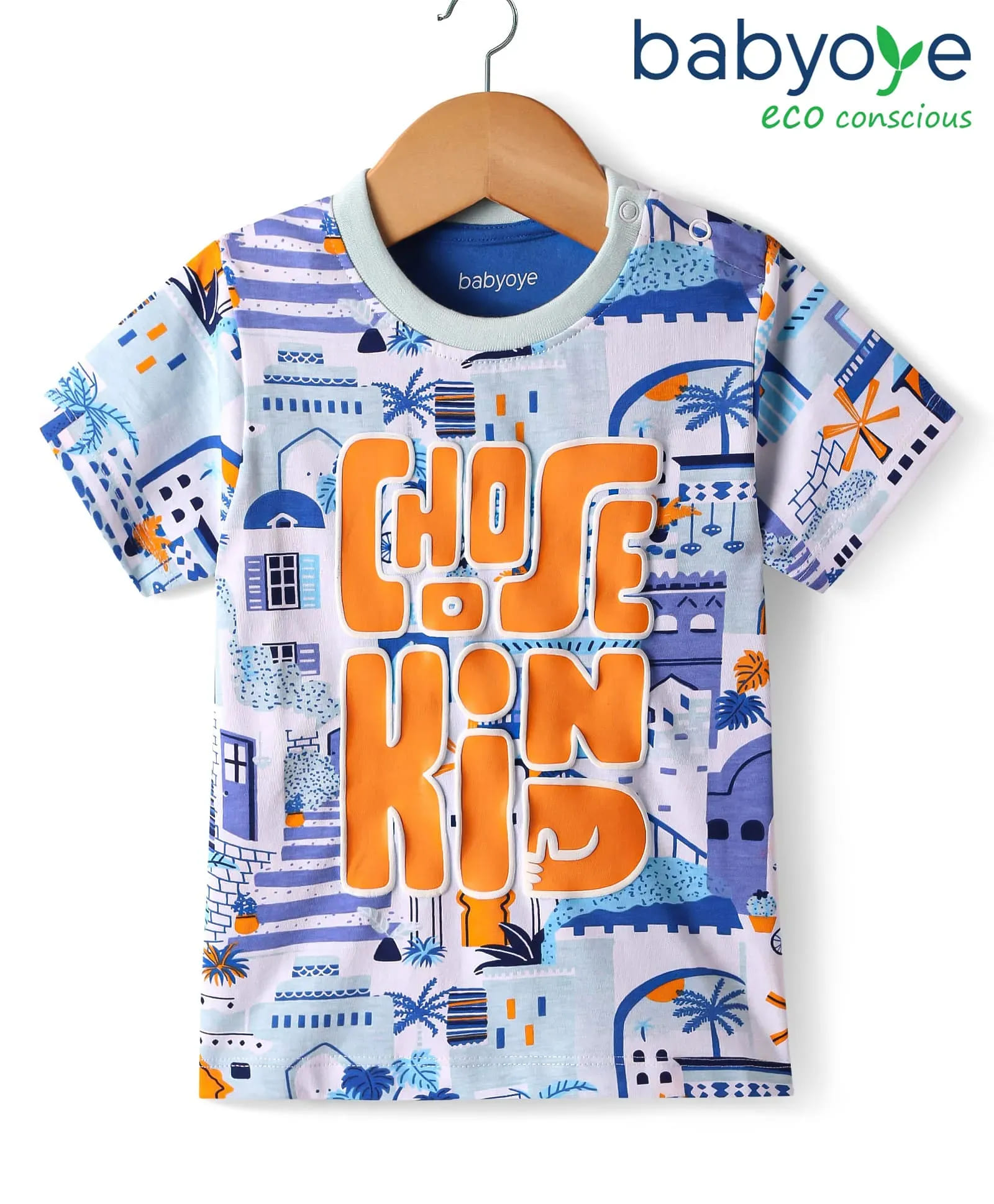 Babyoye 100% Cotton Knit Half Sleeves T-Shirt With Text Print - Light Blue