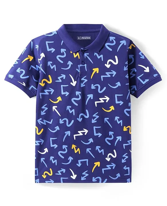 Pine Kids Cotton Knit Half Sleeves Polo T-Shirt With Arrow Print - Navy Blue