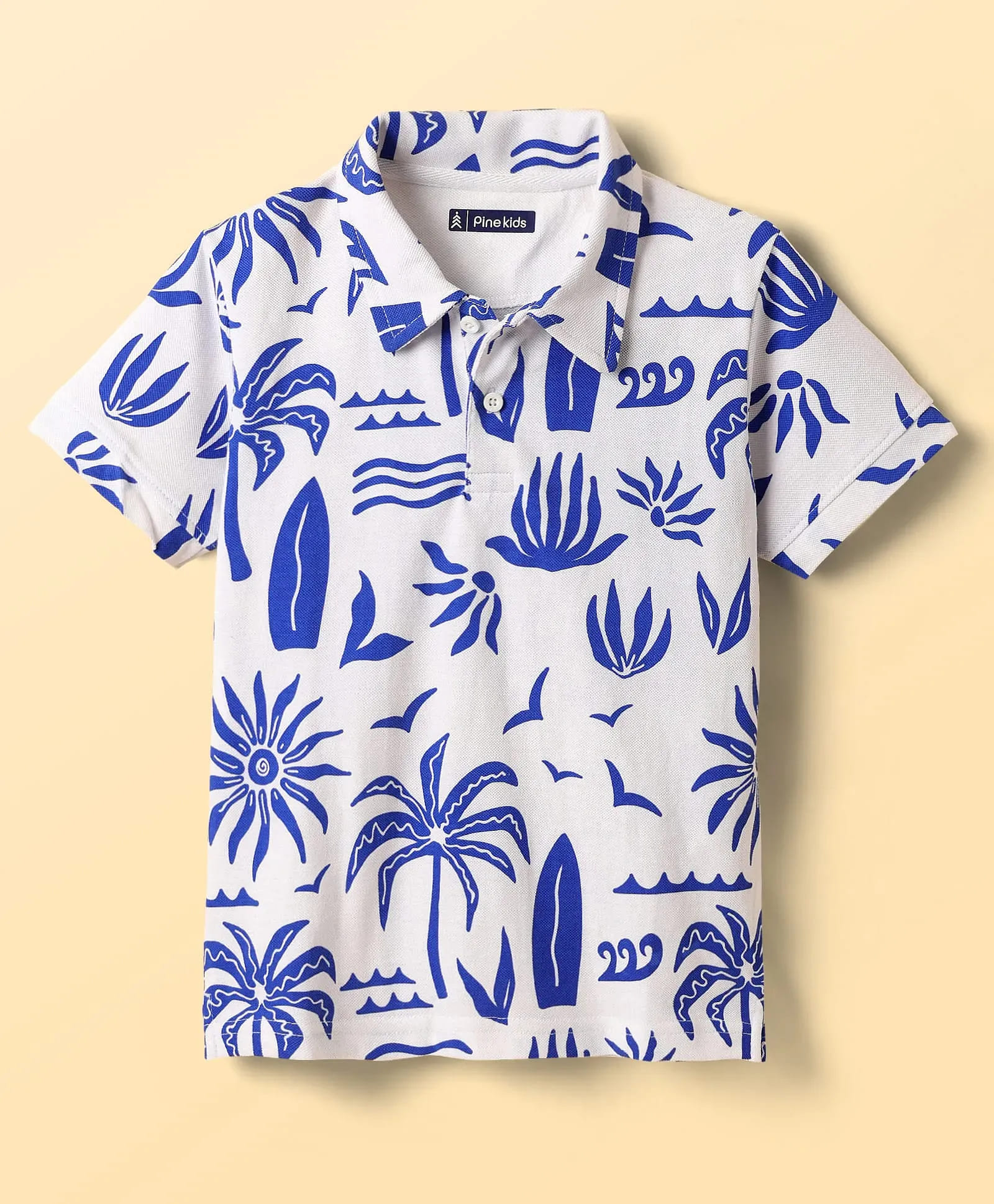 Cotton Knit Half Sleeves Polo T-Shirt with Beach Theme Print - White & Blue