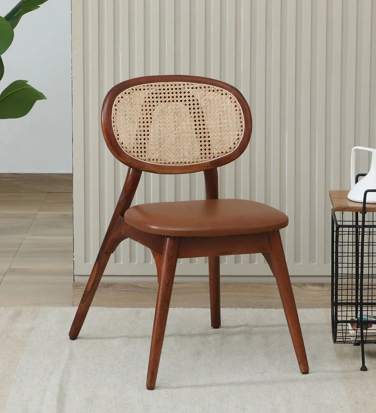 Luis Acacia Wood Chair In Honey Oak Finish With Natural Cane and Leatherette