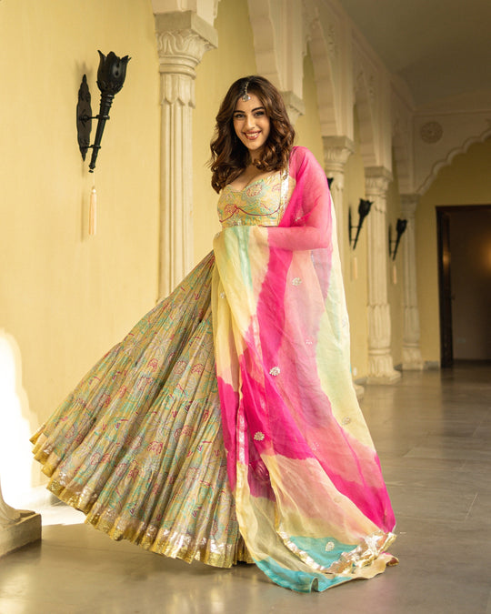 Green Slice Handpainted Lehenga Set